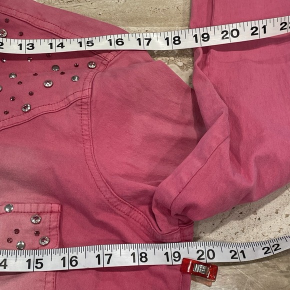 DG2 Diane Gilman Distressed Pink Rhinestone Denim Shirt‎ Light Jacket M Cowgirl - Picture 6 of 10